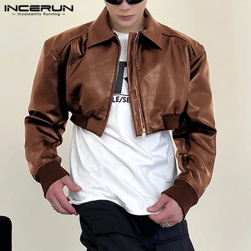 Fashion Men Jackets PU Leather Solid Lapel Long Sleeve Autumn Crop Coats Men Streetwear 2023 Zipper Casual Outerwear INCERUN