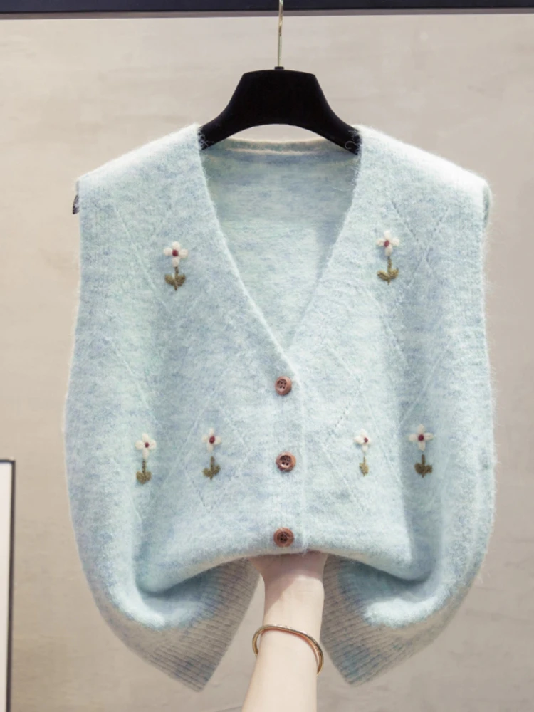 

Handmade Knitted V-Ne Loose Women's Vest Spring Autumn New Sle Outerwear Sweater oulder Pad Regular Thin Pure Color