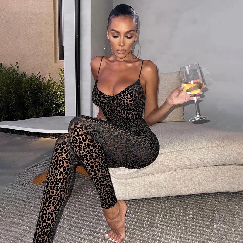 

V neck Leopard Print Skinny Camisole Jumpsuit Women Mesh Flocking Low Chest Sleeveless Sexy Bodycon Clubwear Overalls One Piece