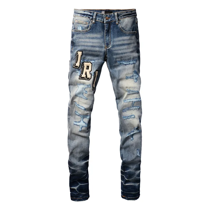 AMIR-Slim Fit elástico angustiado calças com etiqueta letras, Jeans na moda, azul tecido angustiado, qualidade superior, nova tendência, Top