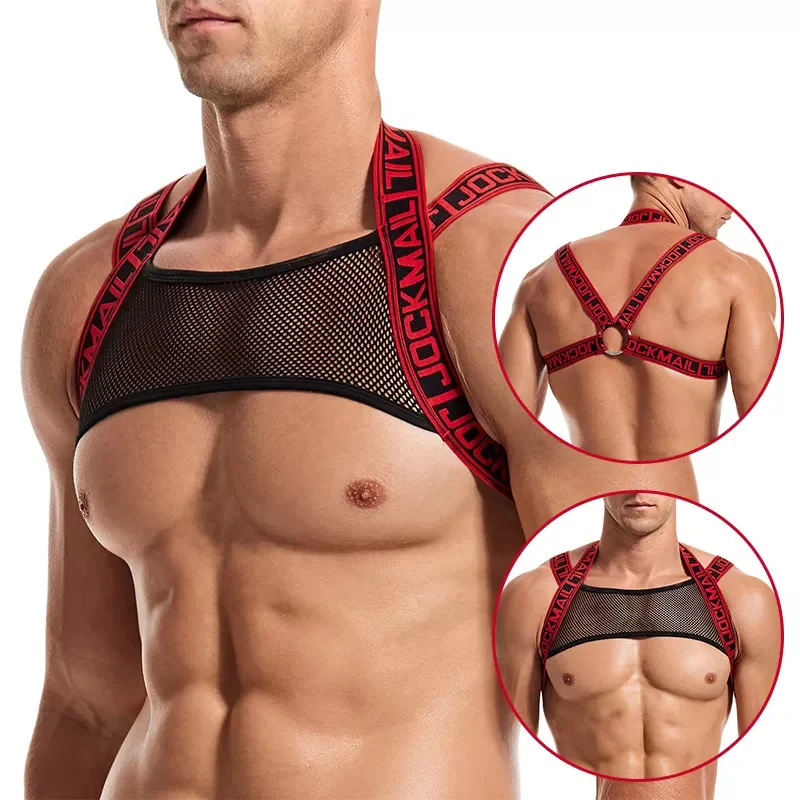 Męski biustonosz Bodysuite Gay Clubwear Band uprząż mężczyźni Sexy paski na ramionach pierś Bondage podkoszulek do eksponowania mięśni Halter Belt Club Party