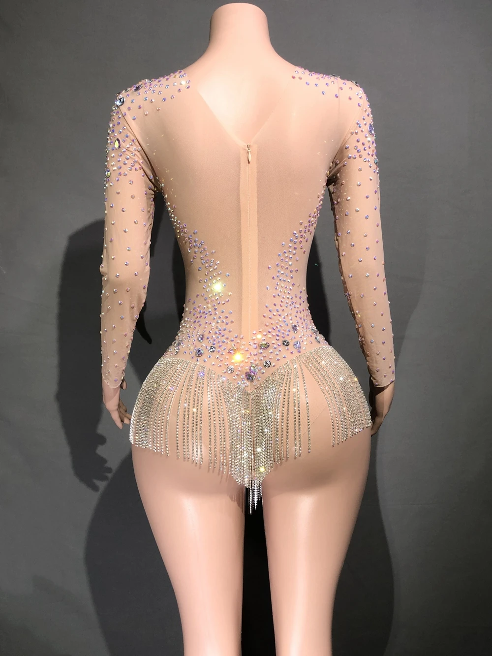 Sparkly Rhinestones Chains Bodysuit Dance Costume Long Sleeve See Through Nightclub Outfit Sexy Leotard Party Show Stage Wear