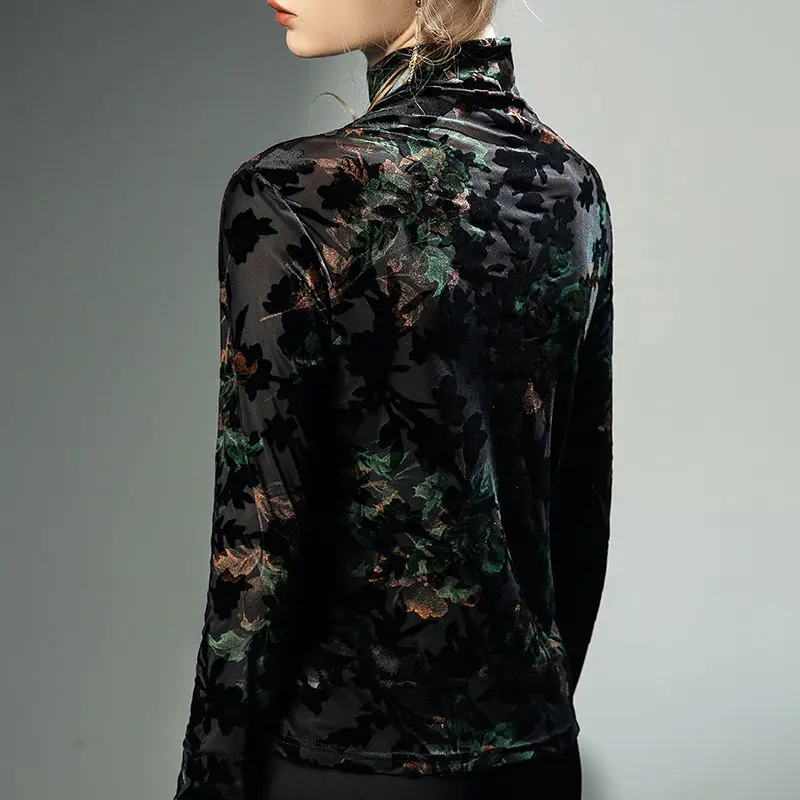 Women Clothing Vintage Elegant Flower Flocking High Collar Basic T-shirt Autumn Winter Sexy Mesh Long Sleeve Slim Pullover Tops