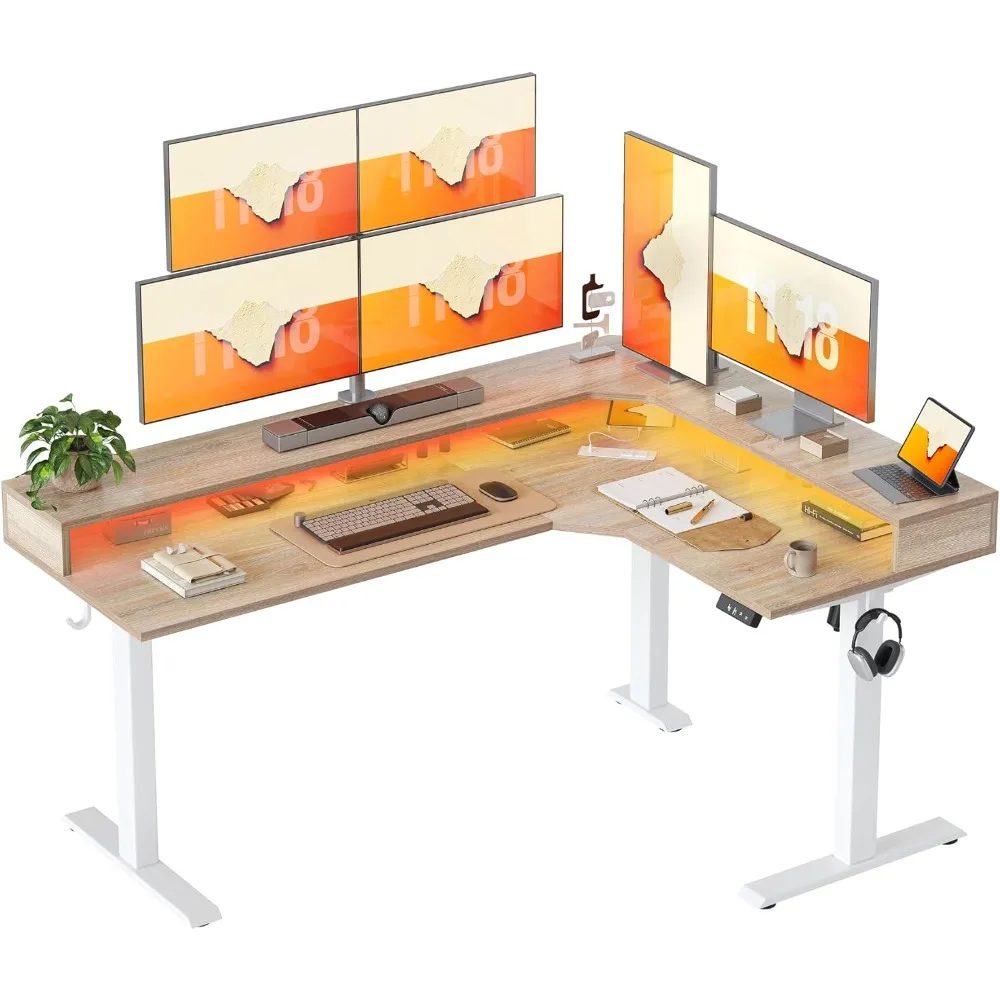 63'' L-Shaped Standing Desk Height Adjustable Corner Table with LED Light Strip Power Outlet And Ergonomic Monitor，Customized