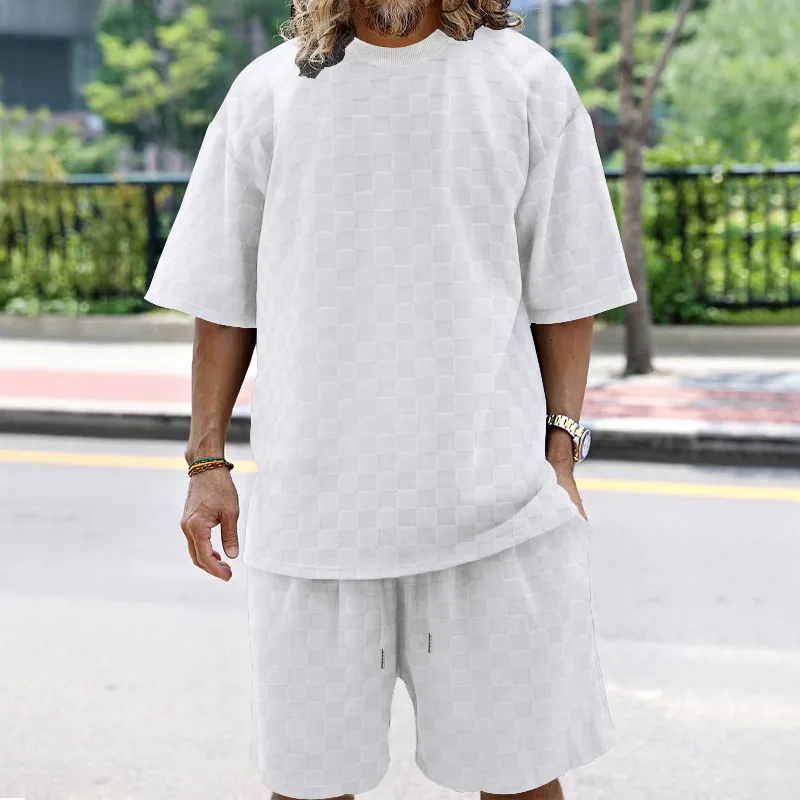 2025 new cross-border hot selling European and American jacquard checkerboard solid color short sleeved shorts set for men's fas