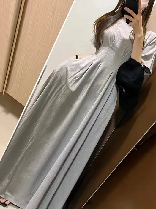 Chic ort Sve T-shirt Dr femme ronde Ne taille plissée minceur Simple Match a-ligne jupe longue tendance coton Dr