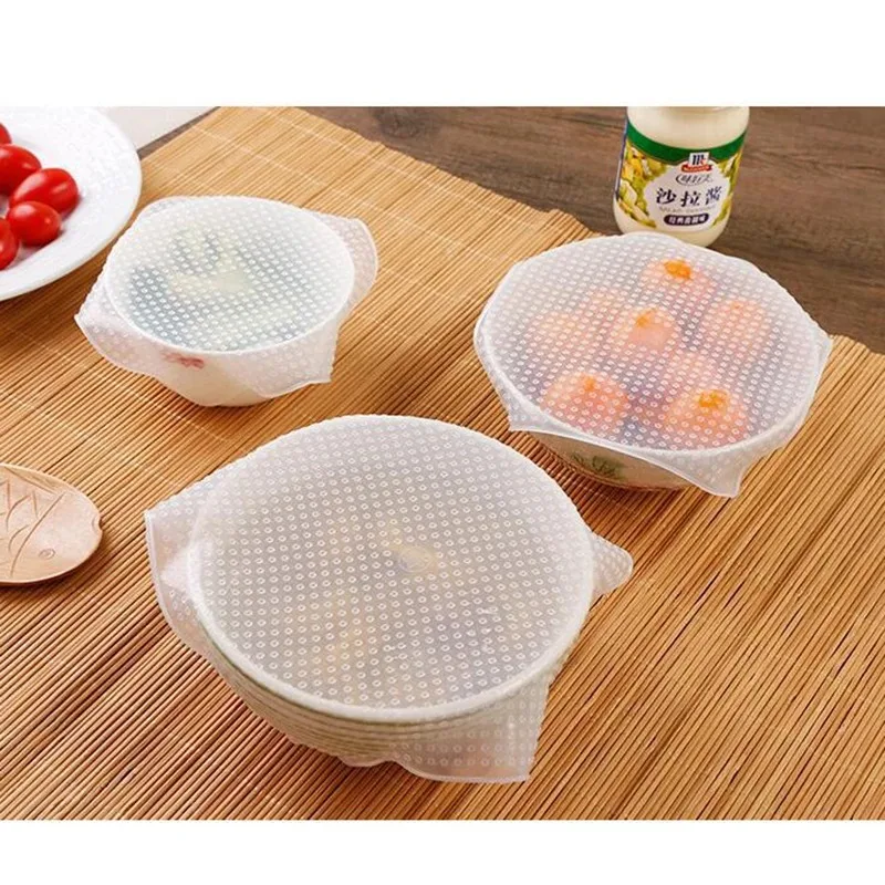 4Pcs Silicone Cling Film Reusable Multifunctional Eco Fresh Food Storage Saver Wrap Seal Cover Fresh Food Wrap Seal Kitchen Tool