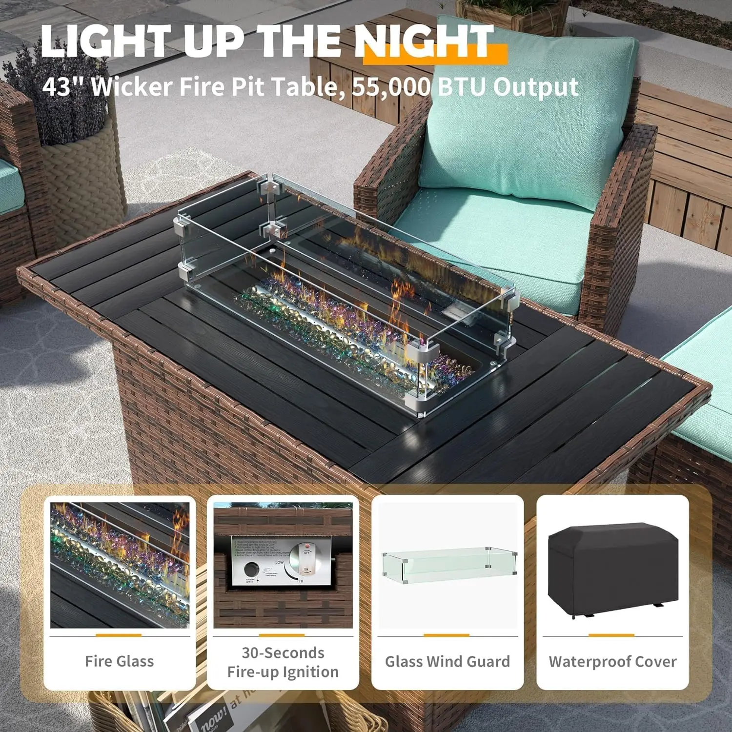 Furniture Set with  Fire Pit Table, Outdoor Sectional  Sets, All-Weather Wicker Rattan Sofa Ottoman with  for Garden Backyard