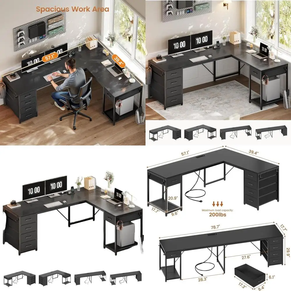 

57-дюймовый L-образный стол с 5 ящиками, двусторонний компьютерный уголок, двойной рабочий стол 78,7 с хранилищем и розеткой, черный