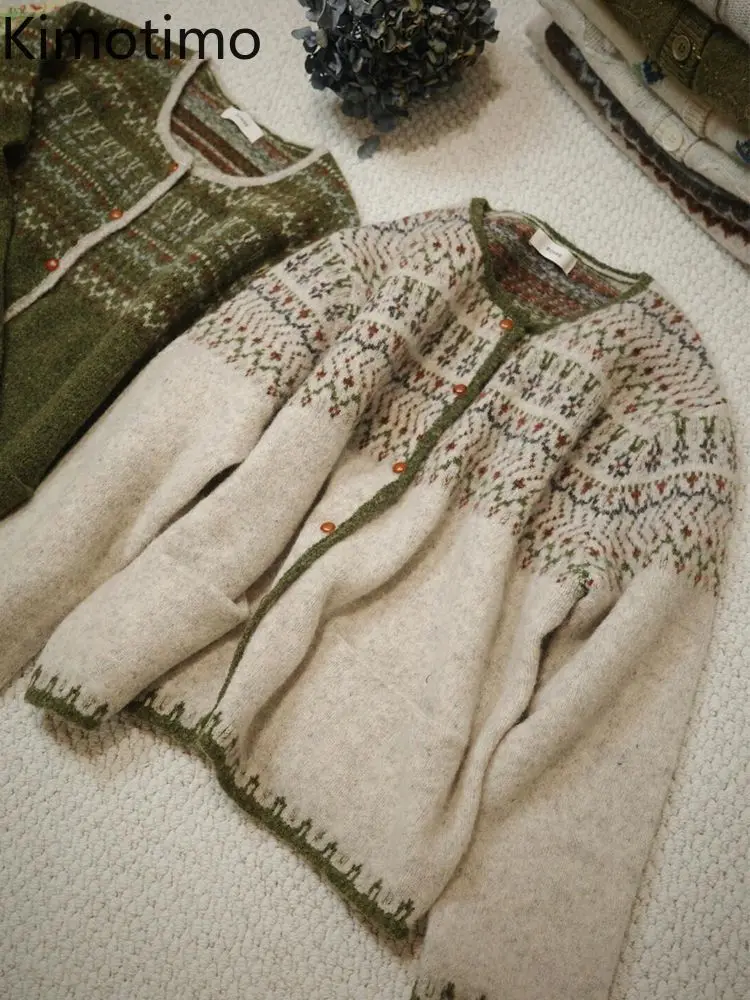 

Kimotimo Vintage Jacquard Sweater Cardigan Women Autumn Winter Round Neck Loose Long Sleeve Knitted Coat Fashion Lazy Jumper Top