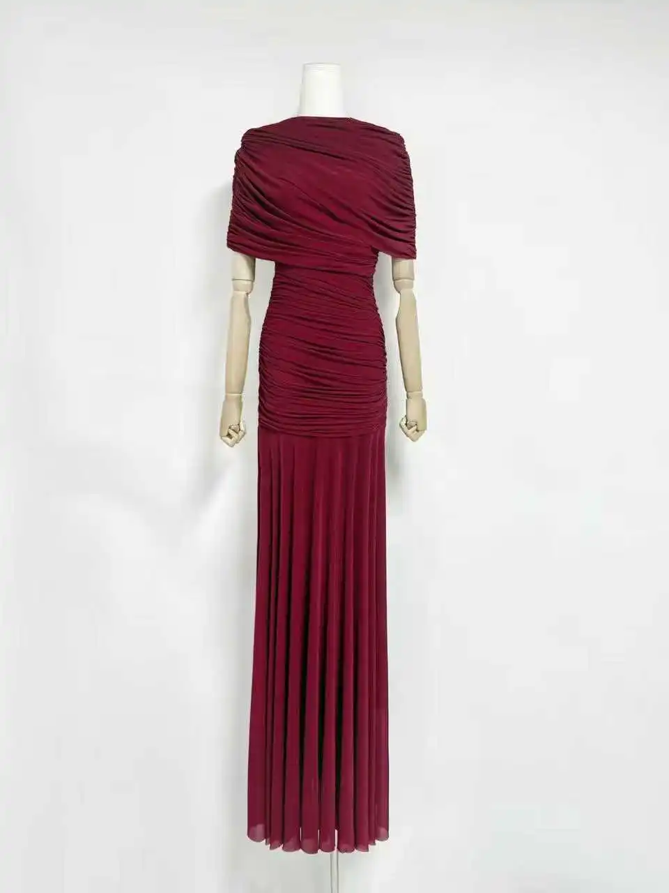VGH Luxury Galas Event Black Sheer Mesh Ruched Maxi Dress for Women O Neck Short Sleeves Bodycon Silhouette Skirt for Red Carpet view 6
