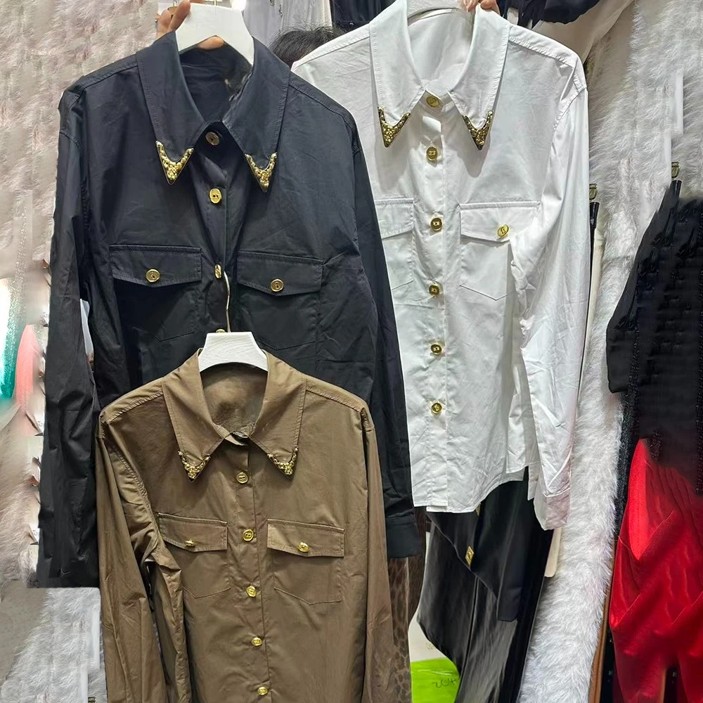 TWOTWINSTYLE, blusas lisas con botones empalmados para mujer, camisas de temperamento de otoño de manga larga con solapa, estilo de moda femenina KBL545320