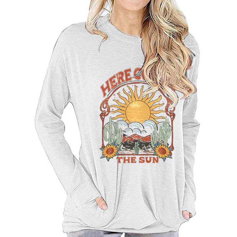 Women Here Comes The Sun Print T-Shirt Clothes Fashion Long Sleeve Clothing Female Vintage Tops Tee Shirts Casual Streetwear