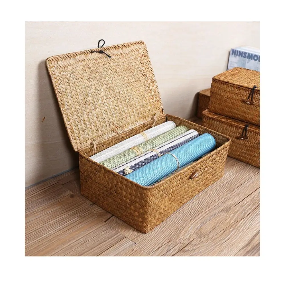 Flat Woven Wicker Storage Bins with Lid Natural Seagrass Basket Boxes Multipurpose Home Toys Organizer Boxes for Shelf Organizer