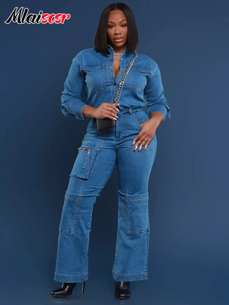 Mlaiscsr Vintage Autumn Winter Women Fashion Wash Denim Blue Jumpsuit Stand Collar Long Sleeve Jean Bottoms Streetwear Overalls