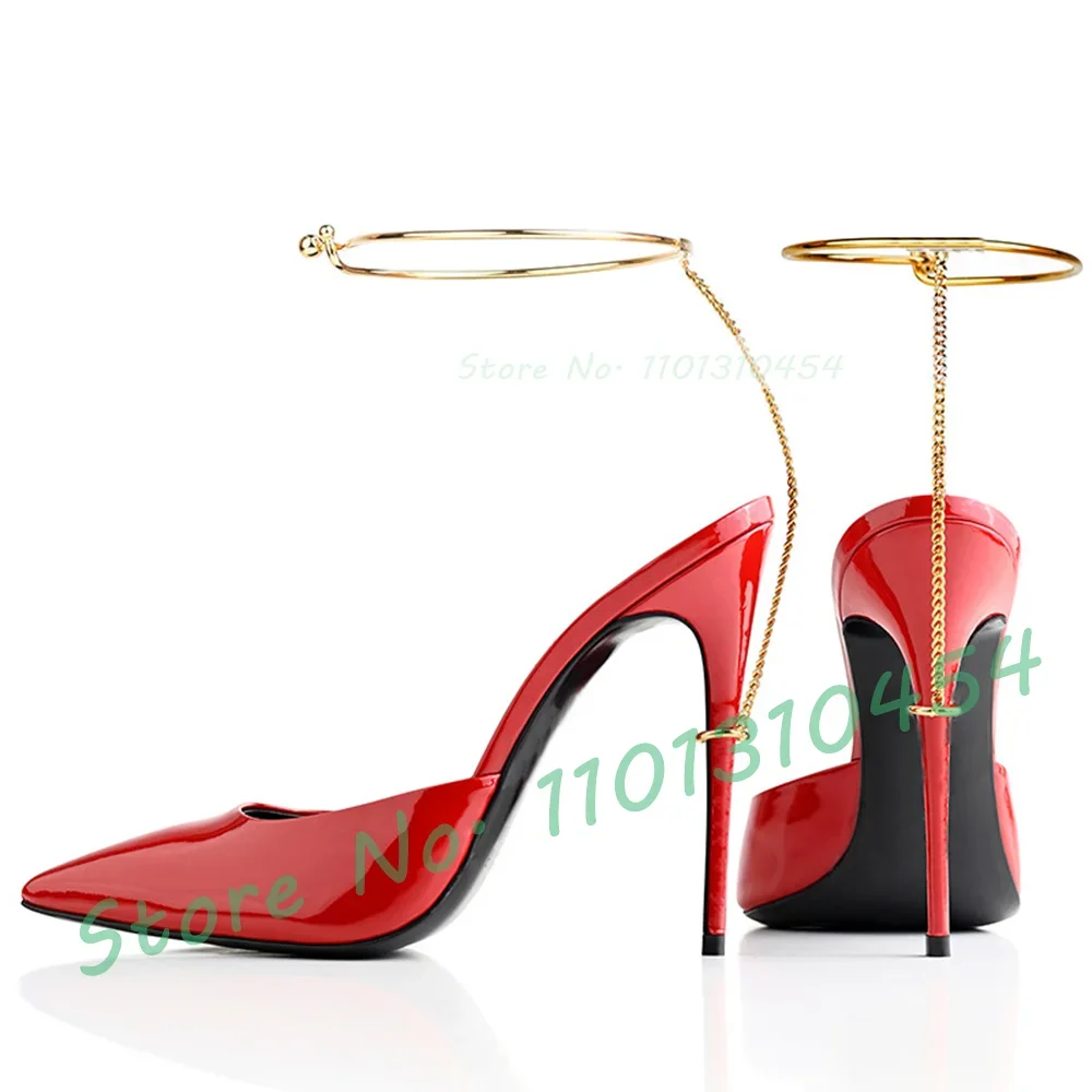 Gold Hoop Anklets High Heels Sandals Women Luxury Pointy Mirror Mules Sexy Ladies Back Metal Chain Decor Stiletto Heels Shoes