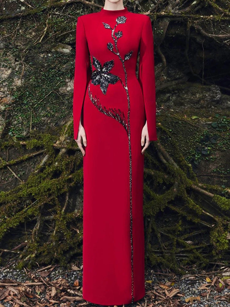 HIGH STREET Neueste Mode 2026 Designer Partykleid Damen Blumen Perlen Diamanten Verziertes Schlitz-Ärmel Langes Maxikleid