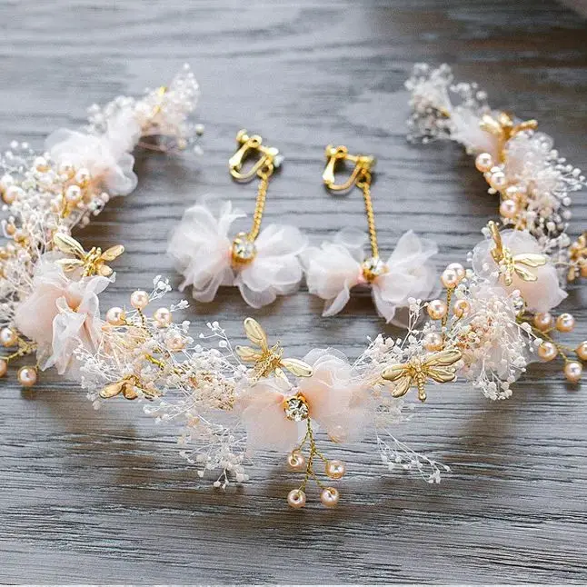 White pink Flower Headband For Woman Beautiful Floral Hair Bands Fabric Wreath Wedding Tiara Bridal Crown Girl Garland+Earring