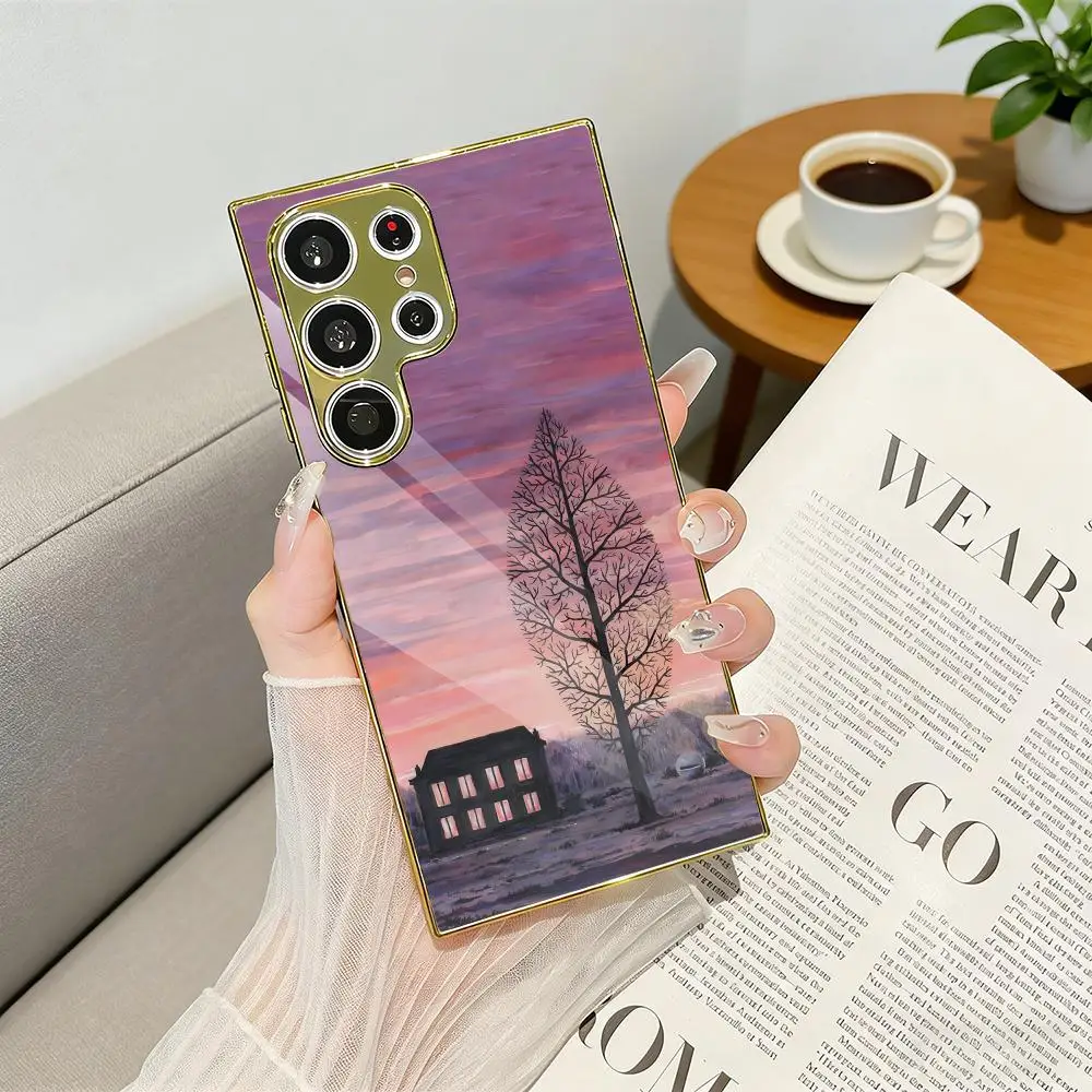 R-Rene Magritte Modern Art Phone Case Luxury Electroplated Metal Frame Case For Samsung Galaxy S25 S24 S23 Ultra