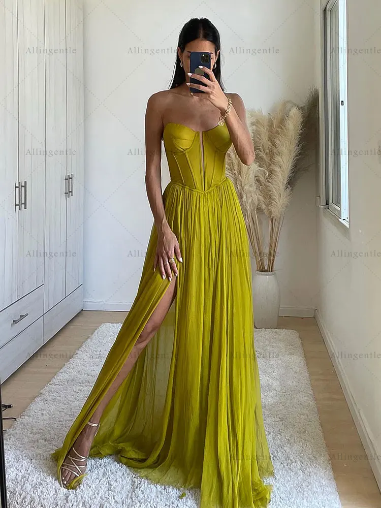 Vestido de baile de chiffon amarelo 2026 sem alças linha a divisão vestido de festa de casamento personalizado sem mangas até o chão vestidos de fiesta