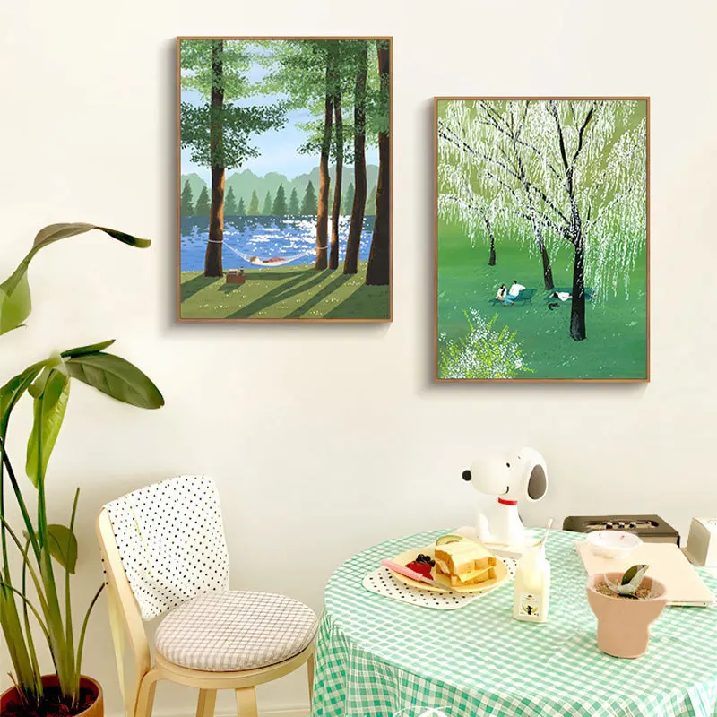 Minimalist Forest Canvas Prints, Spring Green Tree Lake Wall Art, Cute Leisure Nature Unframed Poster, Soft Kids Room Home De
