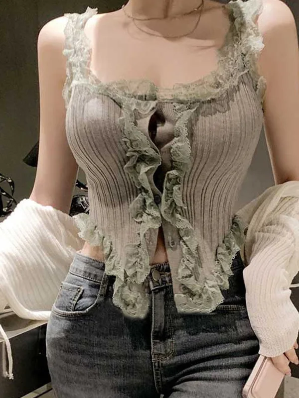 2024 Summer Korean Version New V-neck Single Breasted Lace Splicing Sling Vest Women Cinching Waist Solid Slim Knit Top XNCY