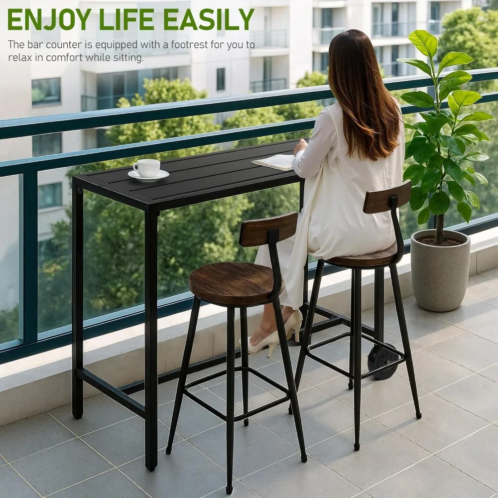 Outdoor Bar Table, 37" Height Wheeled Patio Pub Table with Waterproof Frame and Adjustable Foot for Hot Tub, Patio, Backyard, B