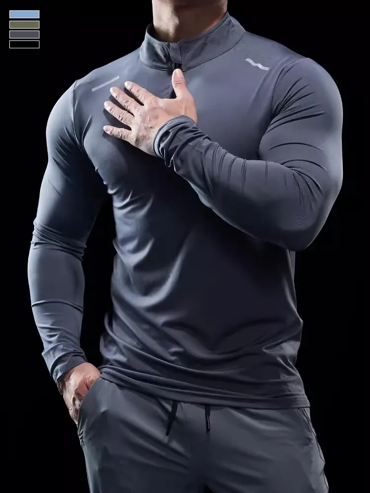 Men Stand collar zipper T-shirt Gym Running Training Fitness Bodybuilding Sport Top Quality elastic long Sleeve tight Tops Tees image 4