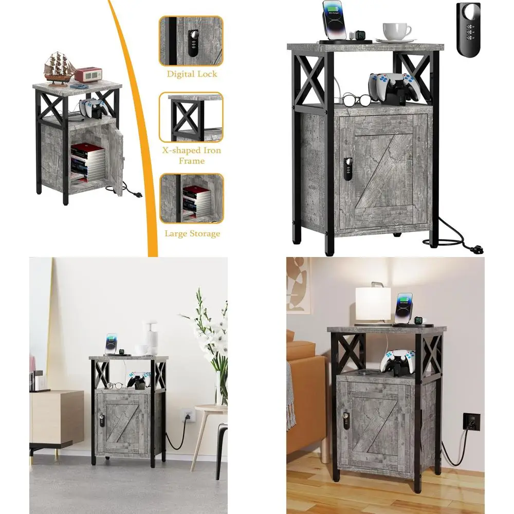 

Ash Gray Lockable Nightstand with Drawers, USB Charging & Outlets, Storage Bedside Table for Bedroom & Living Room