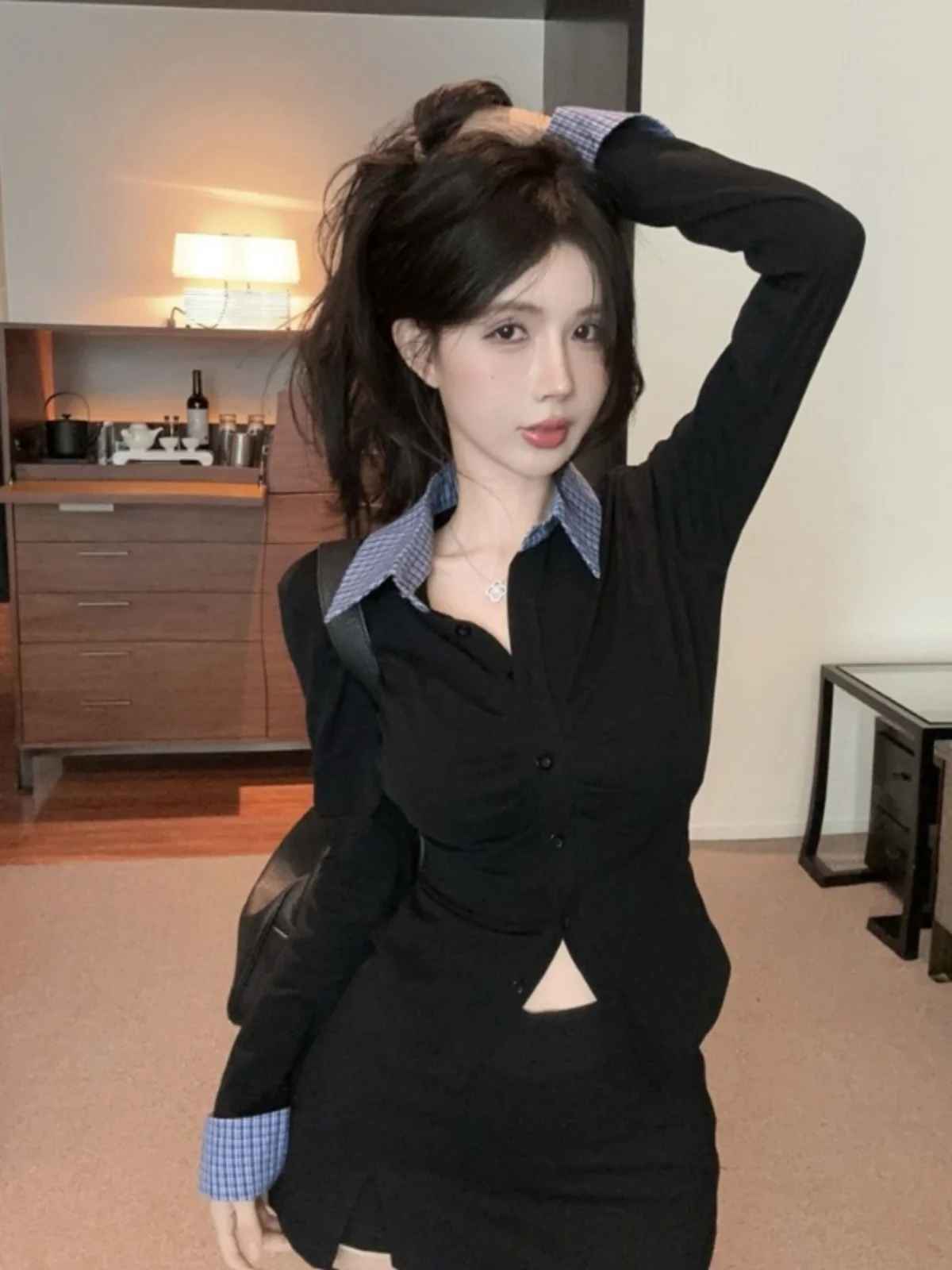 

Корейский женский трикотажный топ Ne Long Sve в клетку с завязками на талии, сложенные боты irt, винтажная цветная блузка