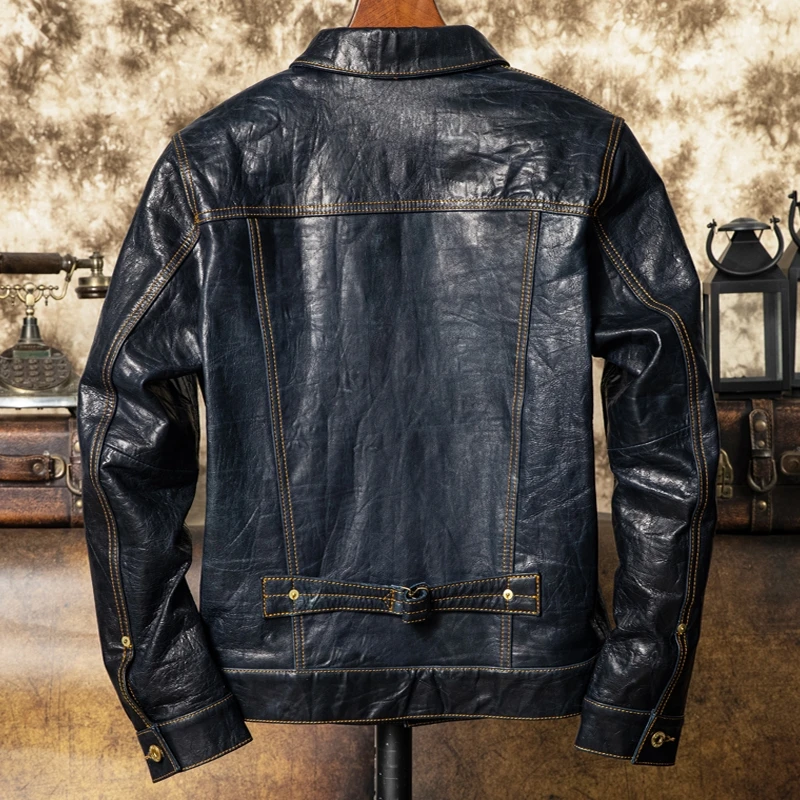 Dark Blue Autumn Leather Jacket Men Japan Casual Style Plus Size 4XL Natural Sheepskin Slim Fit Short Genuine Leather Coat