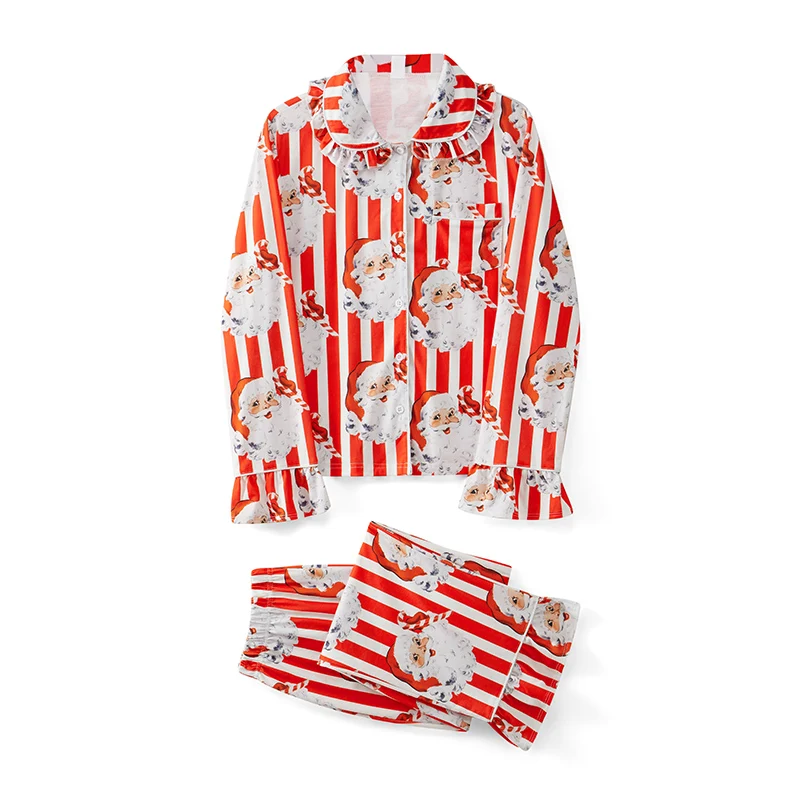 Hirigin المرأة 2 قطعة الساتان عيد الميلاد منامة مجموعة عطلة طباعة طويلة الأكمام ملابس خاصة سانتا زر أسفل الأسرة مطابقة Pj مجموعة