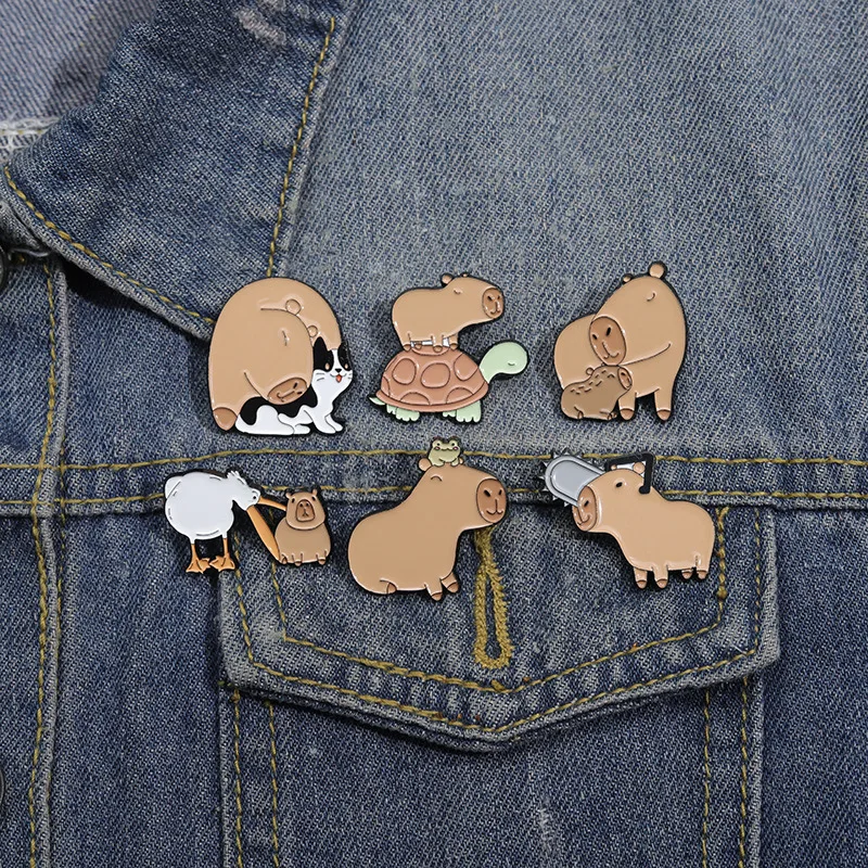 Cartoon animal Capibala Enamel Pin Cute dolphins pelicans turtles Brooch Lapel Badges Jewelry Gift for Kids Friends