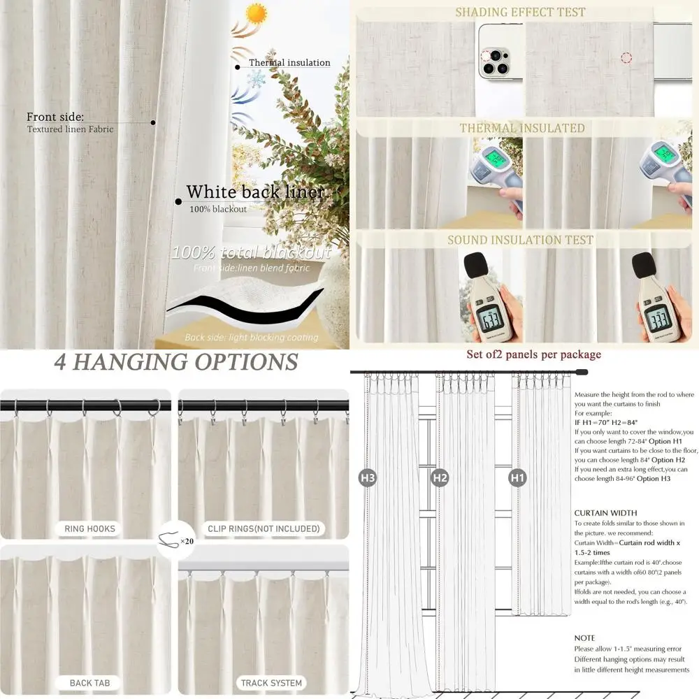 108 Verdunkelungsvorhänge aus Leinen mit zwei Paneelen, 100 % Blockout, Pinch-Plissee, wärmeisoliert, natürliche Raumverdunkelungsvorhänge für Wohnzimmer