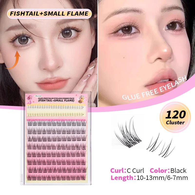120 Pcs Self Adhesive Lash Clusters, Fishtail & Small Flame Style, C Curl Natural False Eyelashes for Daily Party Makeup