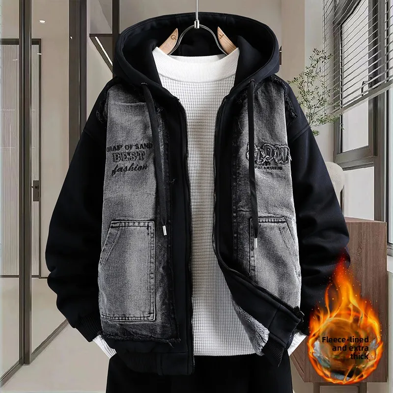 

Retro Thiened Long Sve Men's Denim Jaet Winter New Sle Youthful Cotton Polyester Blend Hooded Coat Casual Faion