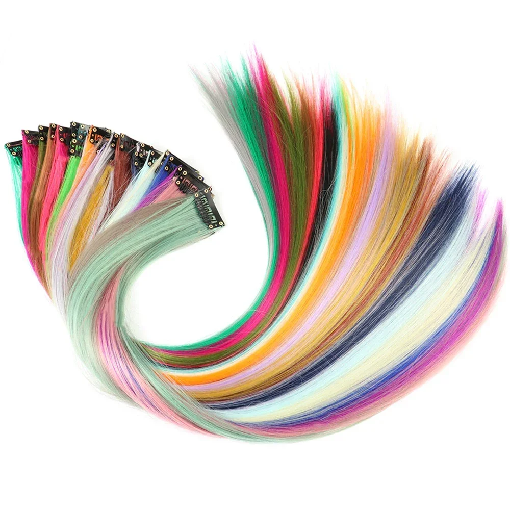 Synthetic Colored Clip In One Piece Straight Colorful Rainbow Hair Extensions 22 Inch Hairpieces