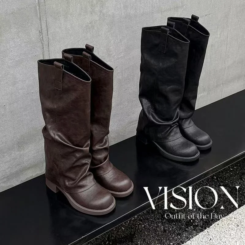 2026 autumn winter women knee-high boots natural leather 22-25cm split leather+Lycra+pigskin/plush round toe women pants boots