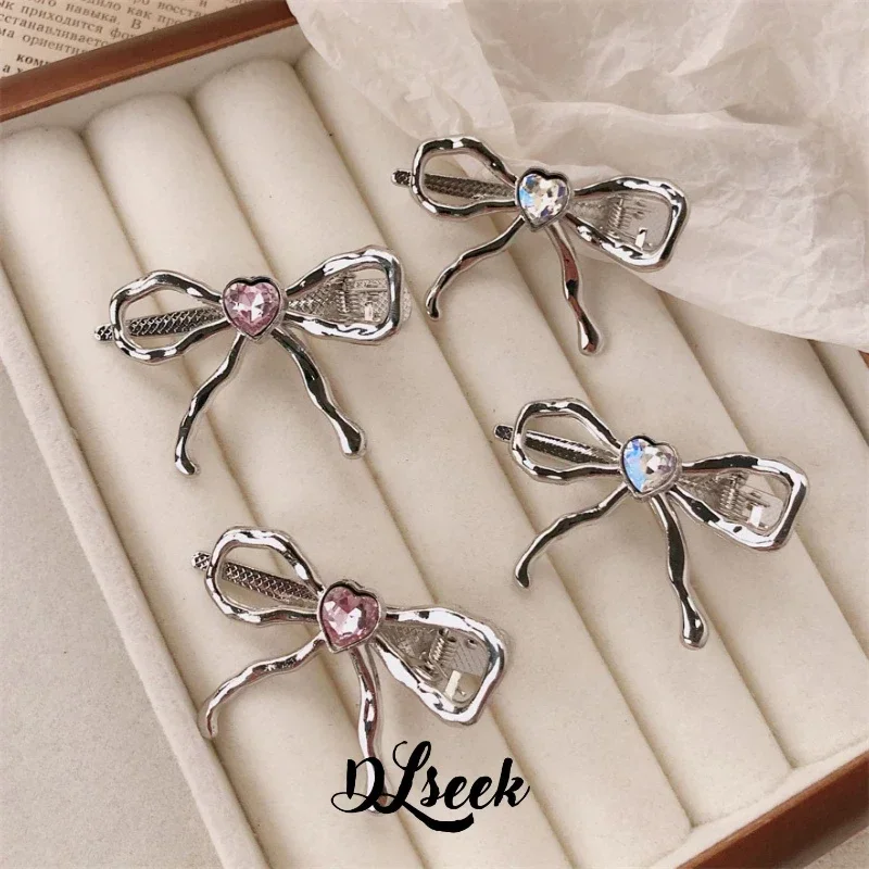 

DLseek Pink and White Rhinestone Hair Clips for Women Silvery Alloy Bowknot Girls Hair Accessories Fashion Charms Jewelry Gifts