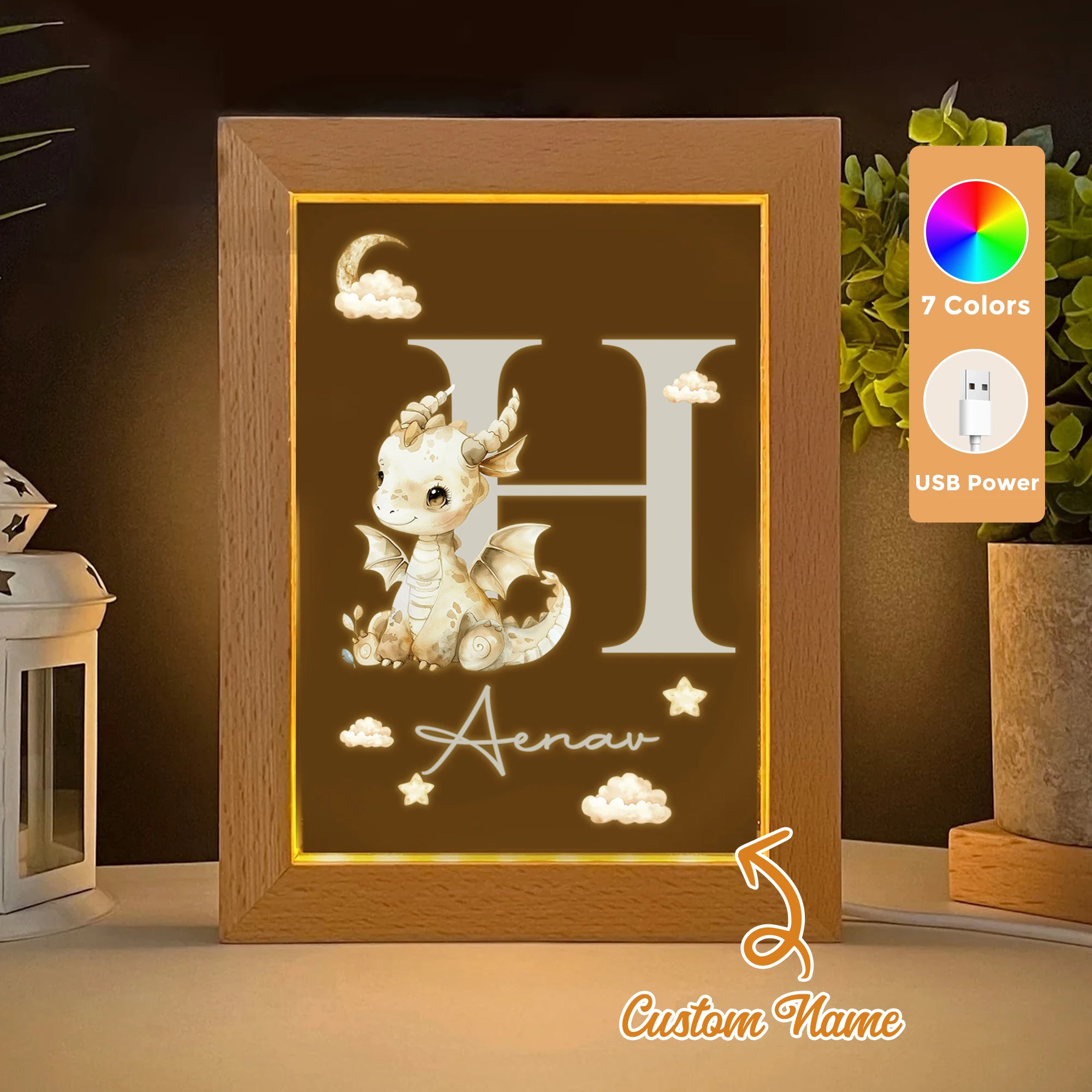 

2D Flat Custom Name Star Dinosaur LED Acrylic Night Light Wood Photo Frame 21x17cm Cartoon Children Bedroom Gifts Home Decor