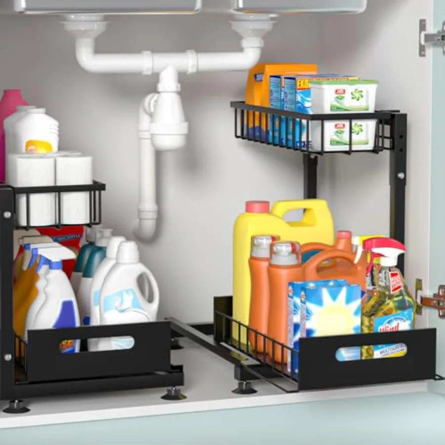 

L-Shaped Under Sink Organizer, -Tier Pull Out Metal Kitchen Cabinet Organizer with Sliding Storage Drawer, Height Adjustable He