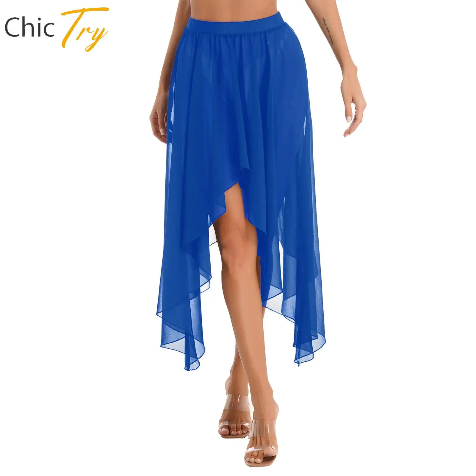 Women Semi See Through Asymmetrical Hem Latin Dance Skirt Elastic Waistband Belly Dancing Skirts Ballet Samba Rumba Dancewear