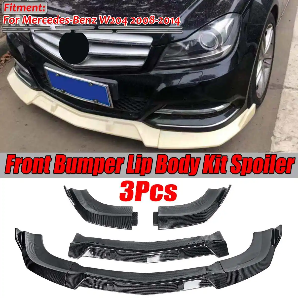 3PCS Black/Carbon Fiber Look Car Front Bumper Lip Deflector Lips Spoiler Guard Body Kits For Mercedes For Benz W204 2008-2014