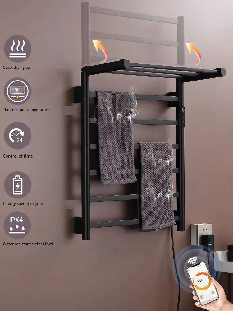 Modern Wall-mounted Intelligent Black Bath Towel Warmer Rack Electric Heating Thermostatic Design Gold Color Stainless
