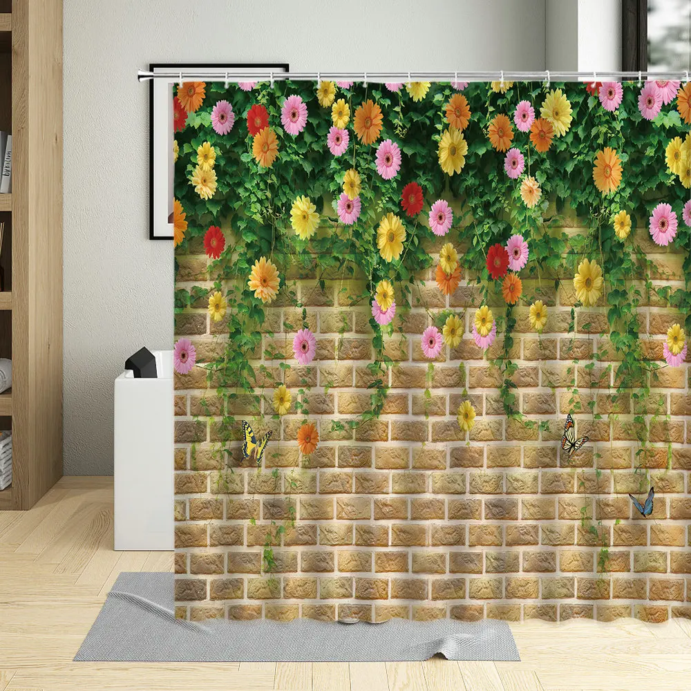 Flower Plant Flower Wall Shower Curtain Spring Scenery Green Leaf Lawn Natural Landscape Wall Cloth Decor Bathroom Curtains Set