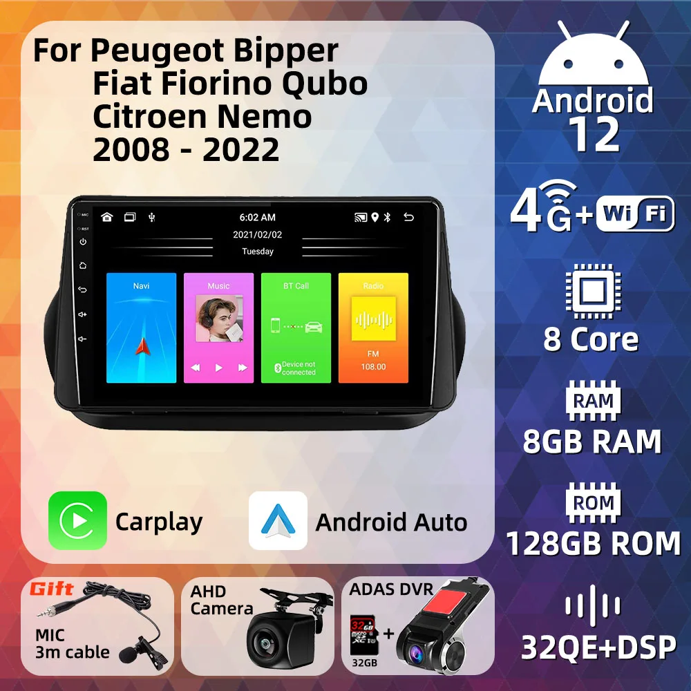 for Peugeot Bipper Fiat Fiorino Qubo for Citroen Nemo 2008 - 2022 Carplay GPS Navigation 2 Din Android Car Radio Stereo Auto