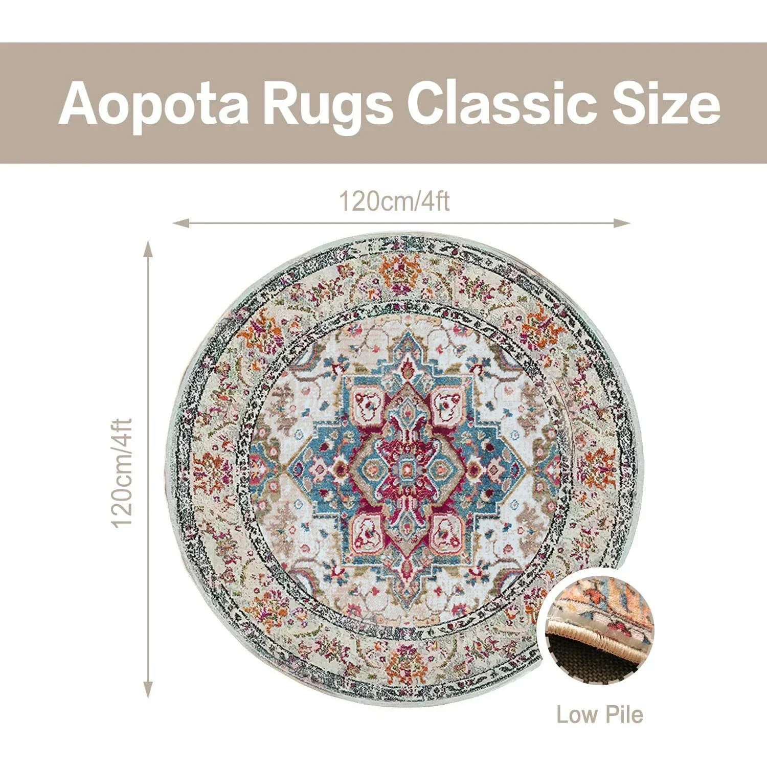 Washable Round Rugs 4ft Round Area Rug Non Slip Circle Rugs,Doormat for Living Room Dinning Room Bedroom Kitchen Nursery Indoor