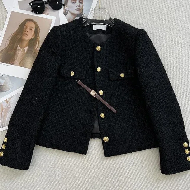 

Black Tweed Short Jackets for Women Korean Style Vintage Metal Buckle Design Short Coat Elegant Single Breasted Outerwear New
