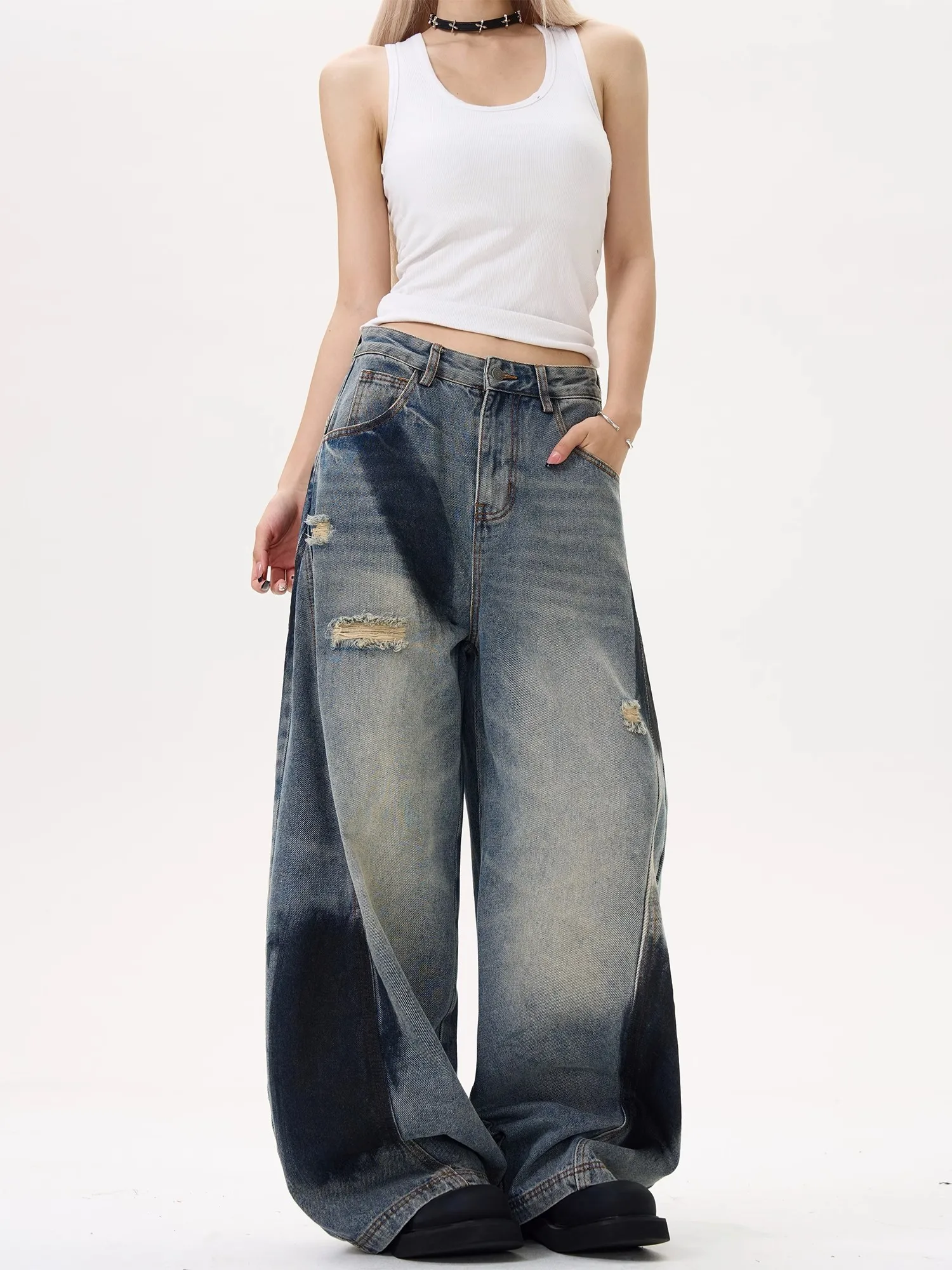 Damen-Jeans, hohe Taille, Hip-Hop-Modehose, Streetwear, Harajuku, Y2K, Stern 2025, weibliche Denim-Hose mit weitem Bein