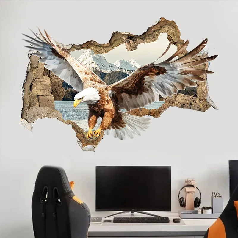 3D Broken Wall Hole Art Goshawk Poster Golden Eagle Soars in Mountain Water Mural Stickers for Home Decoration Aesthetic Rooms